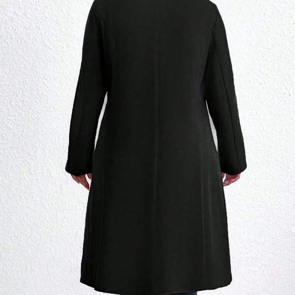 Black Casual Women's Plus Size Plain Double Breasted Pocket Long Sleeve Overcoat - Picture 3 of 6